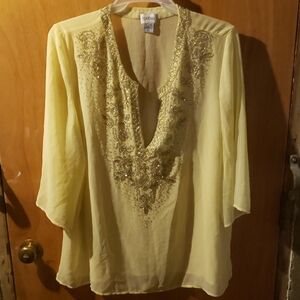 Elegant Yellow Embellished Women's Sheer Tunic Top by Together, Size 20W